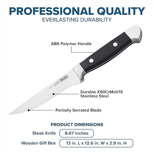 Miniatura 18 de Viking Juego de cuchillos para carne, juego de 6 cuchillos de cocina de acero inoxidable con asas alemanas de madera de Pakkawood, incluye caja