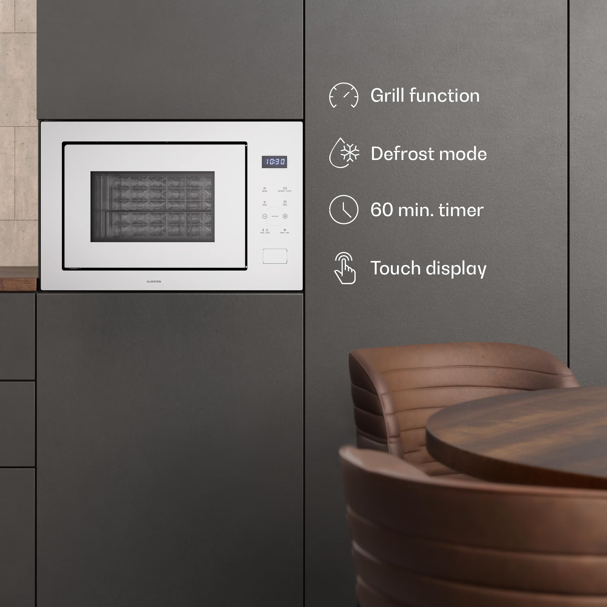 Klarstein Velaire do zabudowy mikrofalowej, 25 litrów z grillem - 850 W, grill 1200 W, 8 programów, sterowanie dotykowe, stal nierdzewna, taca 31,5 cm - do zabudowy w kuchence mikrofalowej, biała