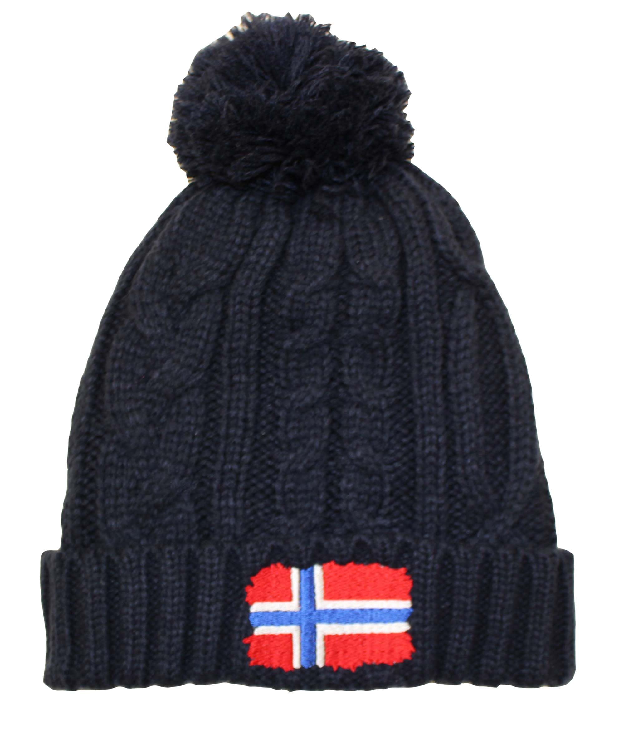 TeddyT's Men's Norway Flag Embroidered Navy Blue Knitted Bobble Hat