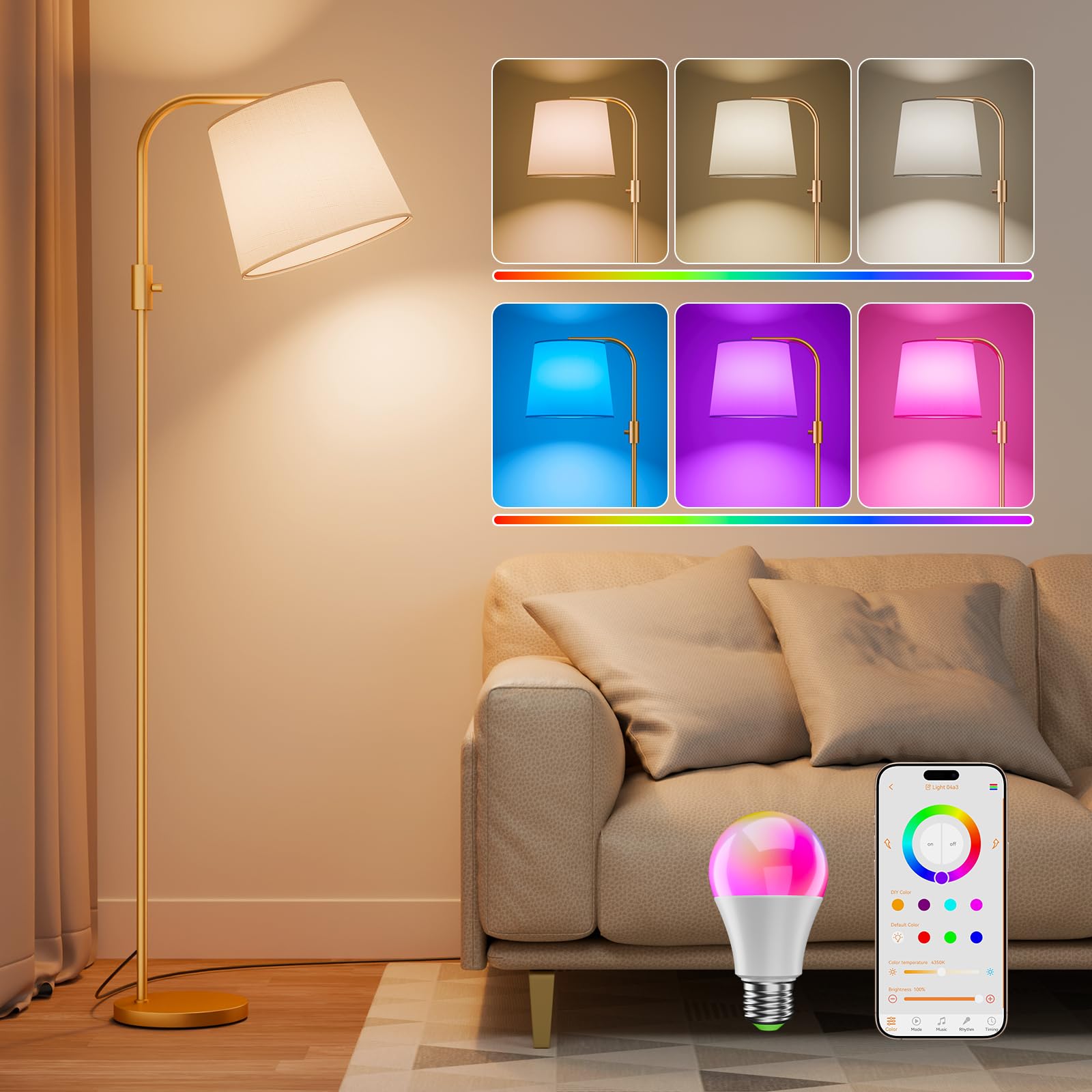 DUSKTEC Inteligentna Lampa PodłOgowa LED Do Salonu | ŁUkowa Lampa RGB 10 W / 1200 Lm Z Funkcją śCiemniania I łąCznośCią | PodłOgowa Sterowana Aplikacją Lub GłOsem, Z Alexa I Google Home