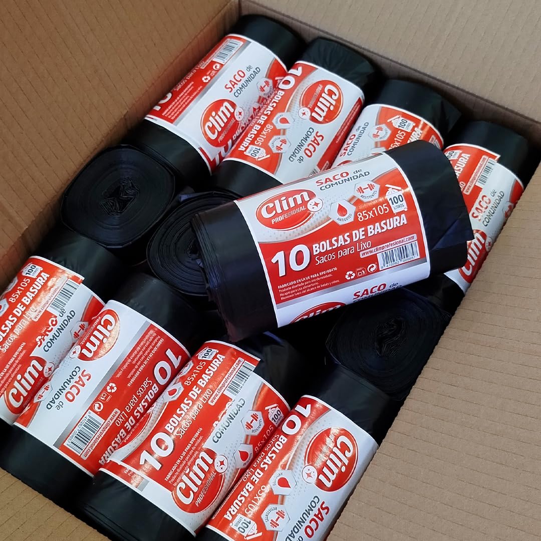 Clim Profesional 400 Bolsas Basura Resistentes 100 Litros. Rollo 10 uds color negro. Caja con 400 Sacos de Bolsas de Comunidad 85x105cm 100 litros