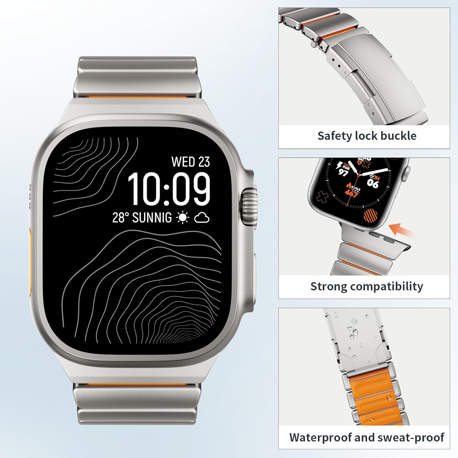 Stainless Steel Silicone Strap Compatible with Apple Watch Ultra 3/2/1 Band 49mm/46mm/45mm/44mm/42mm Luxury Niche Waterproof Replacement Strap for Men Women iWatch Series11/10/9/8/7/6 Titanium-Orange