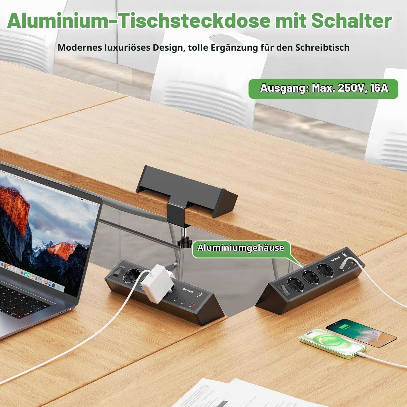 Tischsteckdose mit 2 USB C GaN PD 65W, 3 Fach Steckdosenleiste Schreibtisch 3M Kabel, Aluminum Steckdose Schreibtisch Klemmbar, Tischsteckdose Mehrfachsteckdose für Möbel oder Arbeitsflächen