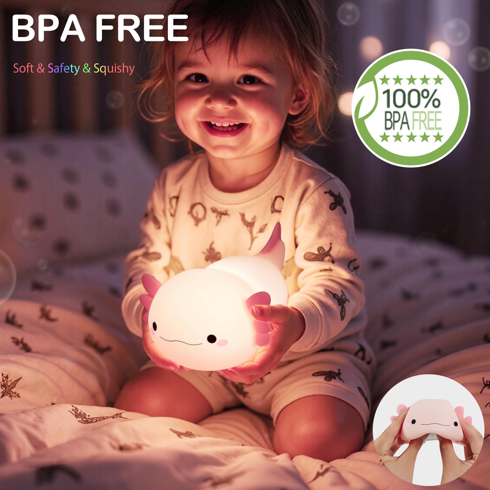 Axolotl Lampe, Axolotl Niedliches Nachtlicht, Geschenke, wiederaufladbares Nachttisch-Nachtlicht, dimmbare Squishy-Silikon-Tier-Touch-Lampe, Babyzimmer-Dekor, rosa Nachtlicht für Kinder, Teenager