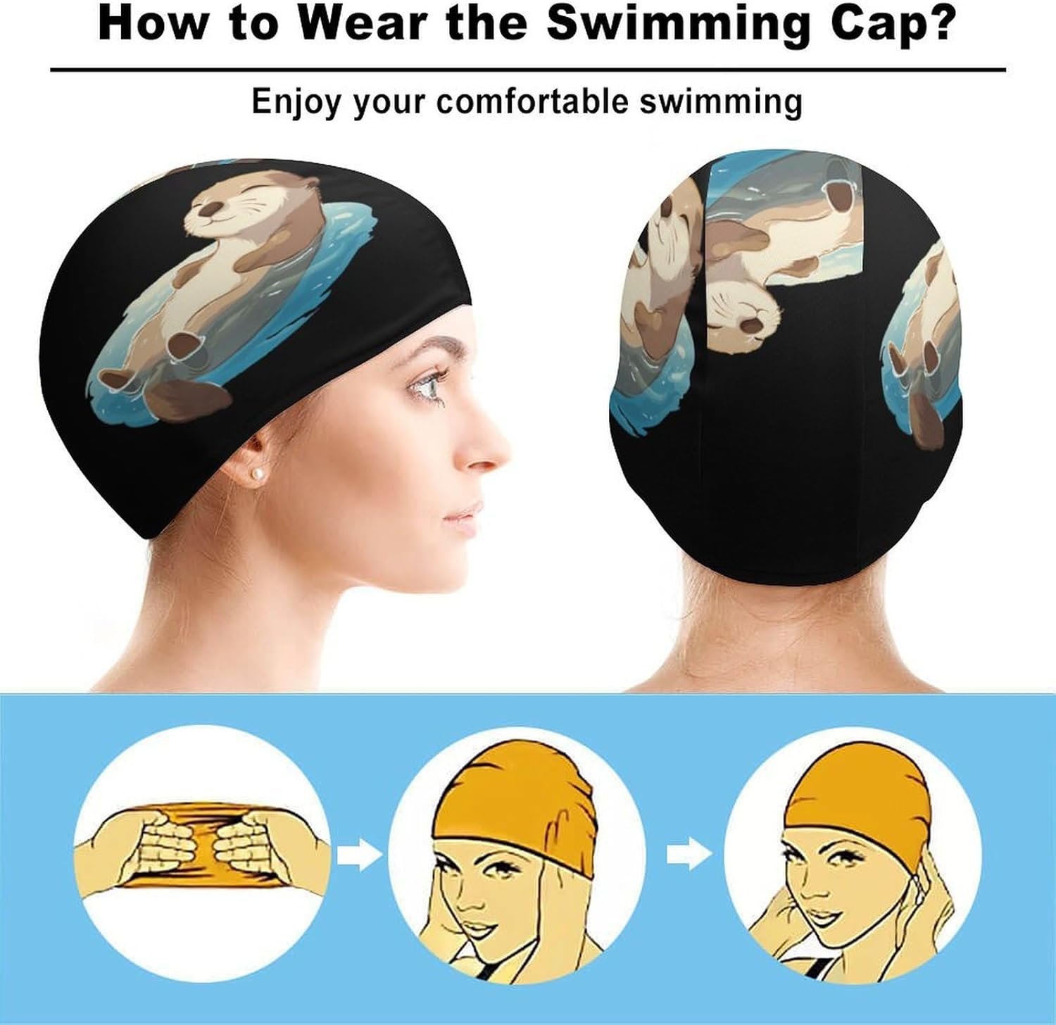 Otter Floating in Water Womens Swim Cap for Men Adult Swimming Hat Curly Short Medium Long Hair