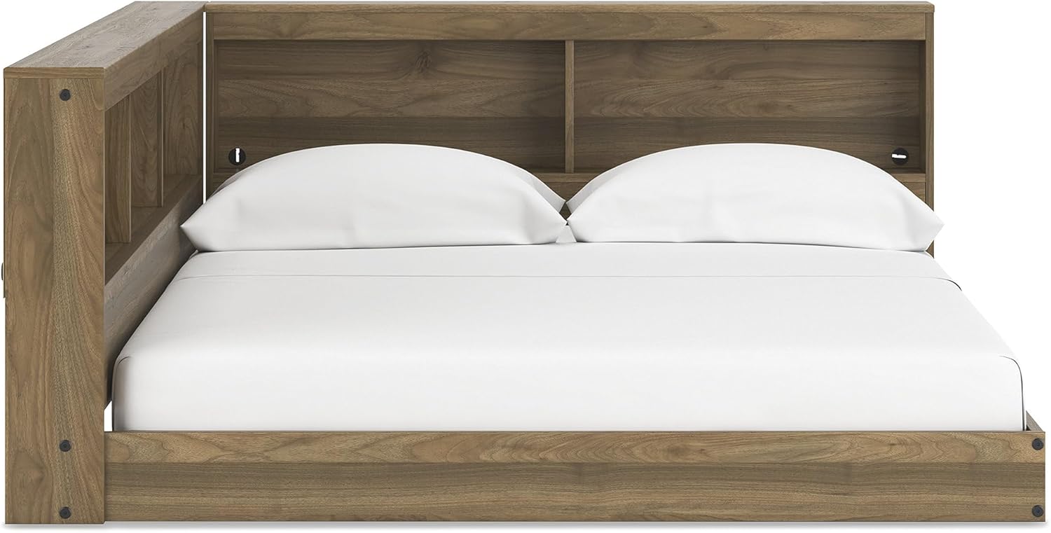 Signature Design by Ashley Deanlow Mid-Century Modern Full Bookcase Storage Floor Bed, No Foundation or Box Spring Needed, Wood, 26" High, Light Brown
