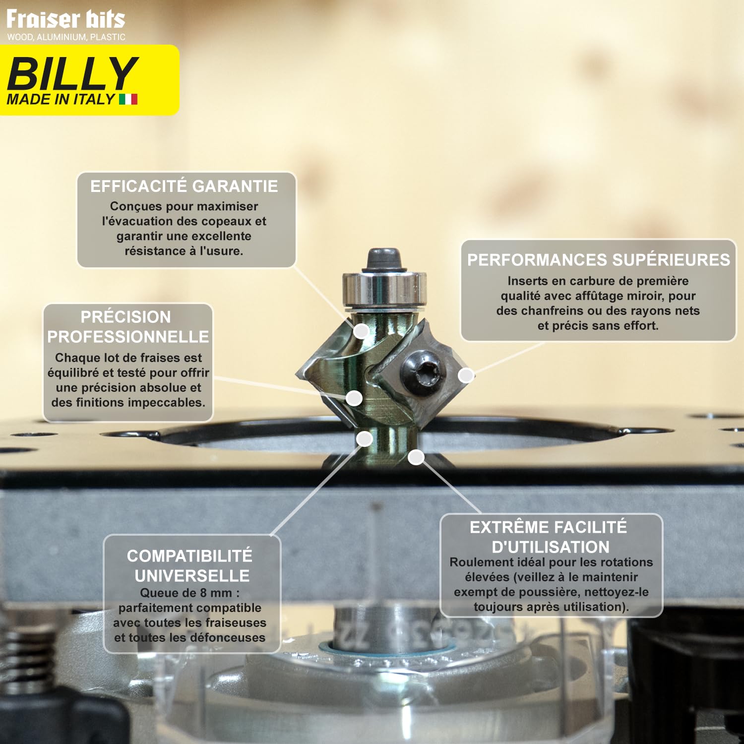 Fraiser Billy - fraise 3-en-1 pour chanfreiner 45°, rayon concave 3mm et rainures en V 90°, queue 8mm, plaquettes réversibles, avec roulement - pour bois et dérivés, défonceuse et table de fraisage