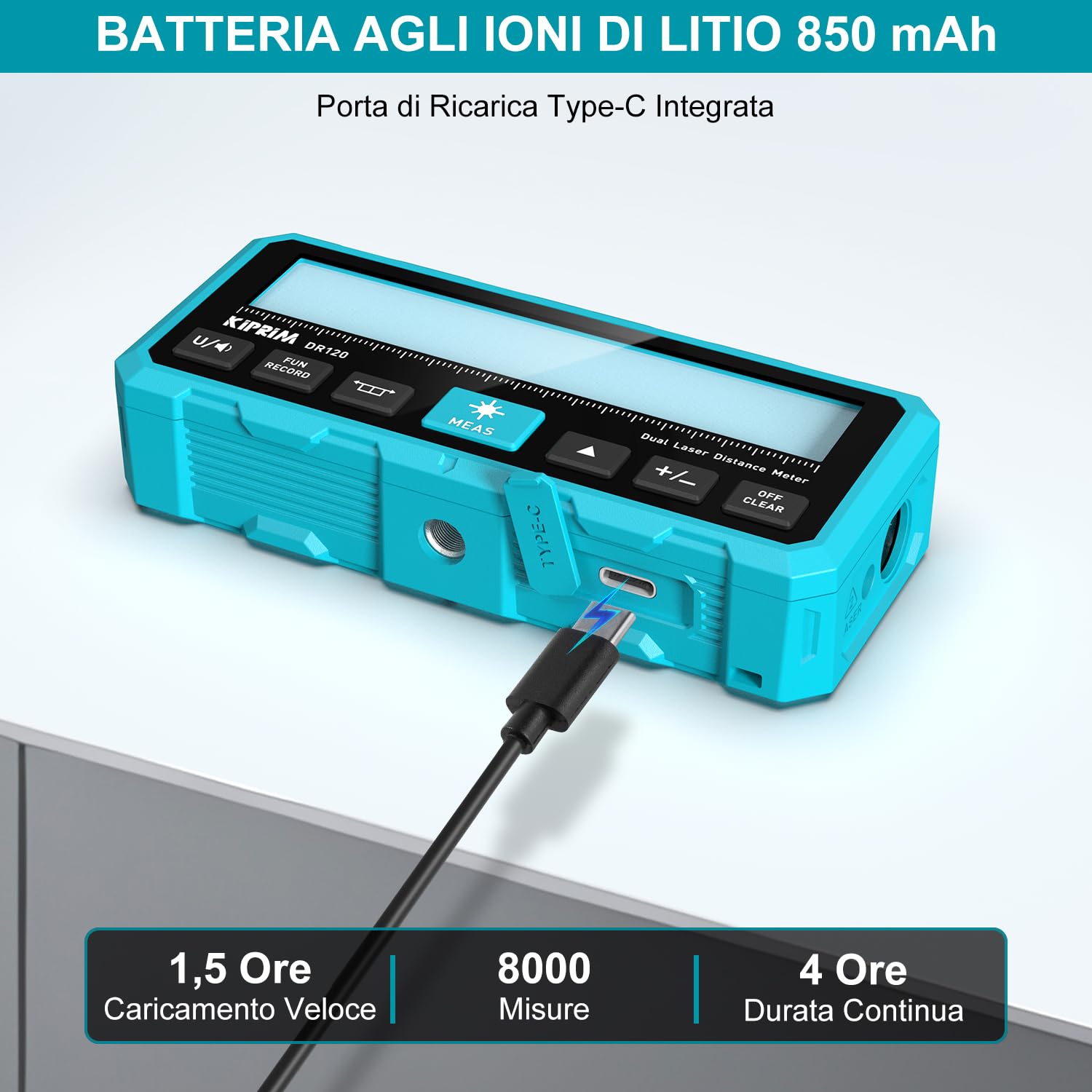 KIPRIM Telemetro Laser 120m, Doppio Raggio Bidirezionale, Linea Laser Verticale, Livella Elettronica, Ricaricabile USB-C, Unità M/FT/IN - DR120