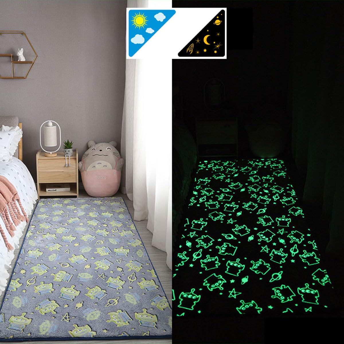 Single tree forest Glow-in-the-dark children's bedroom bedside carpet, home decoration washable play rug, crawling mat-Luminous-Grey monster-80 * 150cm