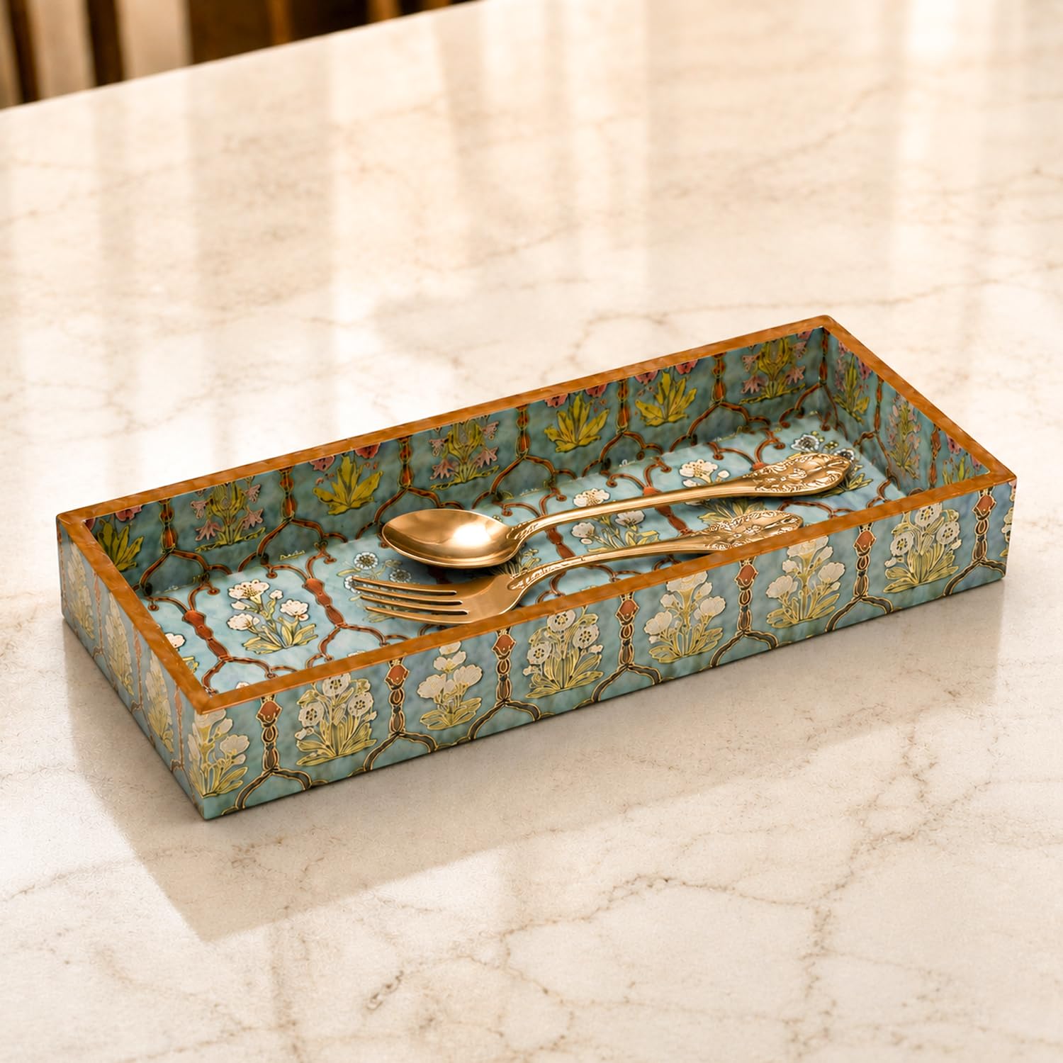 MARKET 99 Decorative MDF Spoon Tray | Multicolor Rectangular Floral Pattern Organizer with Glossy Finish | Cutlery Storage Tray for Spoons, Forks, Kitchen Counter, Dining Table & Home Use-image-20