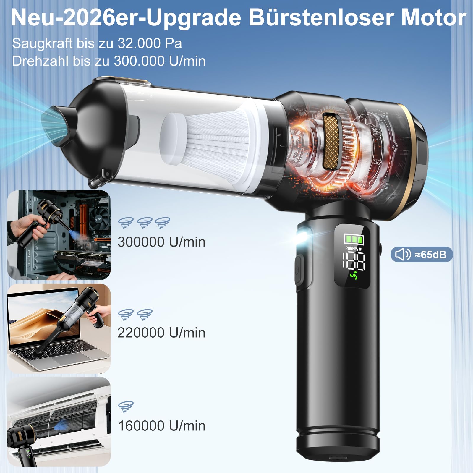 Handstaubsauger Akku 4-in-1, 32000Pa Auto Staubsauger Stark, Handstaubsauger Auto, LCD Display Autostaubsauger, Bürstenlosem Motor, 3-Gang 300000 U/min Staubsauger für Auto/Büro/Tierhaare