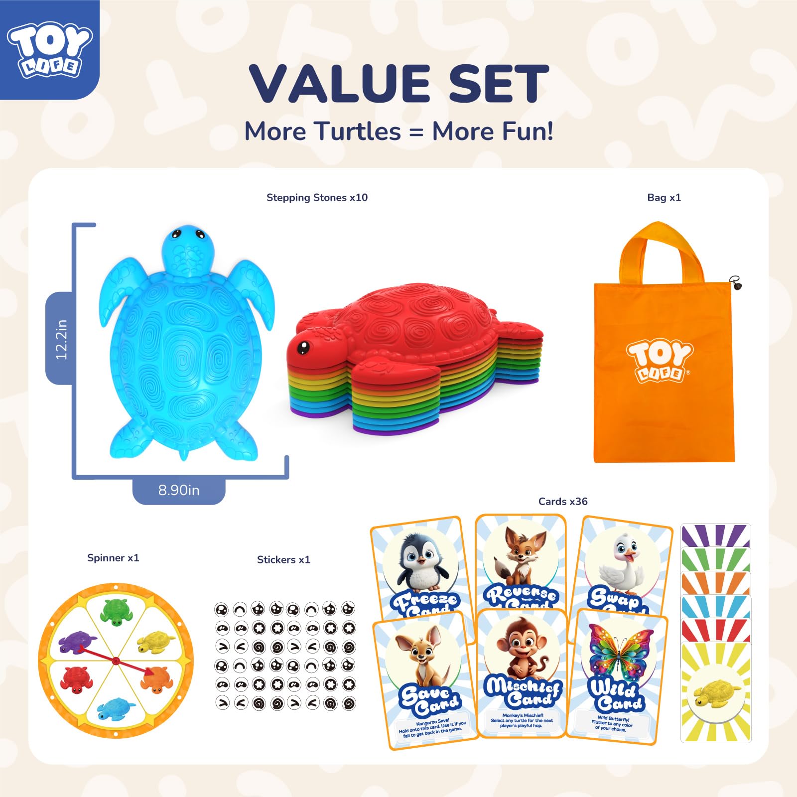 TOY Life 10 Pcs Turtle Balance Stepping Stone for Kids, Indoor Outside Toys for Kids Ages 4-8, Toddler Outdoor Toys, Stepping Stones Game, with Cards and Spinner - Image 7