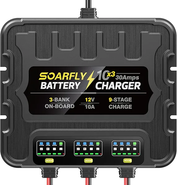 3 Bank Marine Battery Charger, 12V 30A (10A/Bank) Smart Waterproof Onboard Boat Battery Charger, Battery Maintainer & Desulfator for SLA/AGM/Lithium (LiFePO4), Calcium and Deep-Cycle Batteries