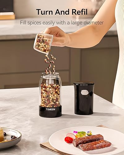 Miniatura 7 de TOMEEM Juego de molinillo eléctrico de sal y pimienta, recargable con indicador de alimentación LED, molienda ajustable de 5 niveles, luz LED,