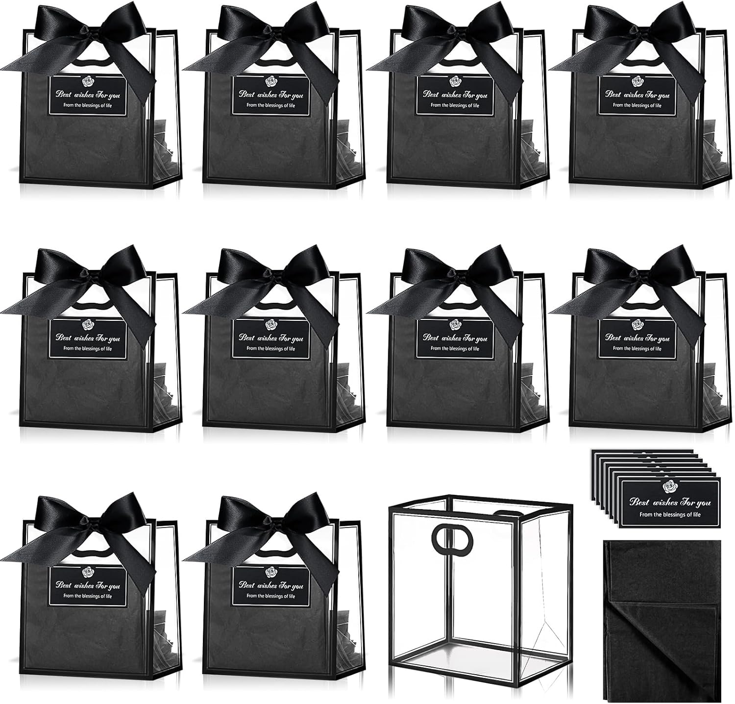 Tenare 12 Pack 4×2.8×4.5 Inch Christmas Mini Clear Plastic Gift Bag with Handles Extra Small Transparent Party Favor Bag Bulk with Ribbon Bow Tissue Paper for Goodies Wedding Supplies(Black)