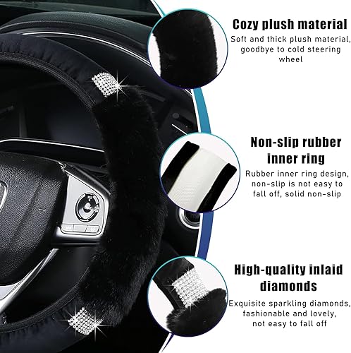 Miniatura 3 de Suvnie Rhinestone Fluffy Car Steering Wheel Cover, Comfortable Non-Slip Faux Wool Wheel Cover, Bling Soft Steering Wheel Protector for 14.5" to 15",