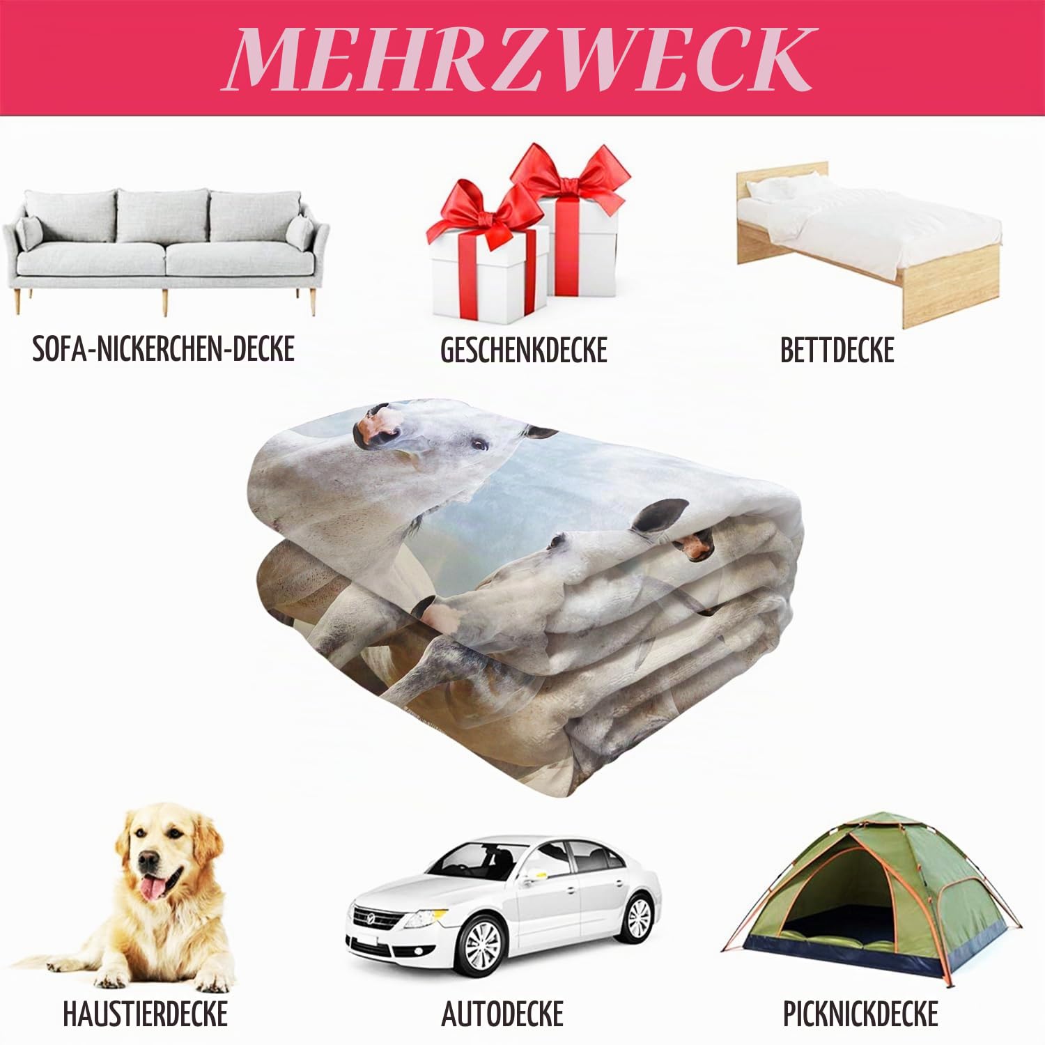 YISUMEI Decke 150x200 cm Kuscheldecken Sanft Flanell Weich Fleecedecke Bettüberwurf Weiß Pferd Laufendes