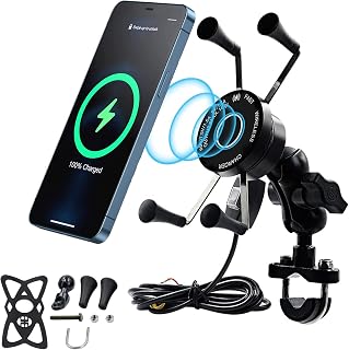Motorcycle Phone Mount with Charger, Wireless Charging Qi 15W Fast Port Waterproof Mobile Holder with Switch Power Cord 360° Rotating Handlebar Mirror Mount Aluminum Alloy Phones Holder Charger