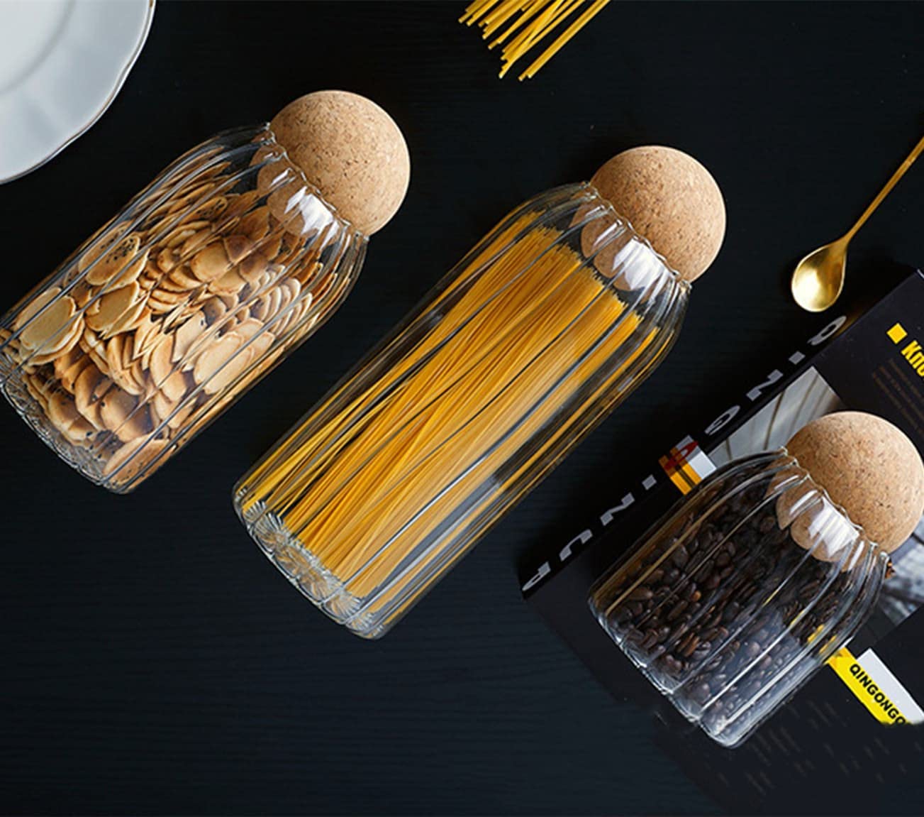 Eidoct Glasbehälter mit Holzdeckelkugel, verschiedene Größen, Klarglas, 4 Stück