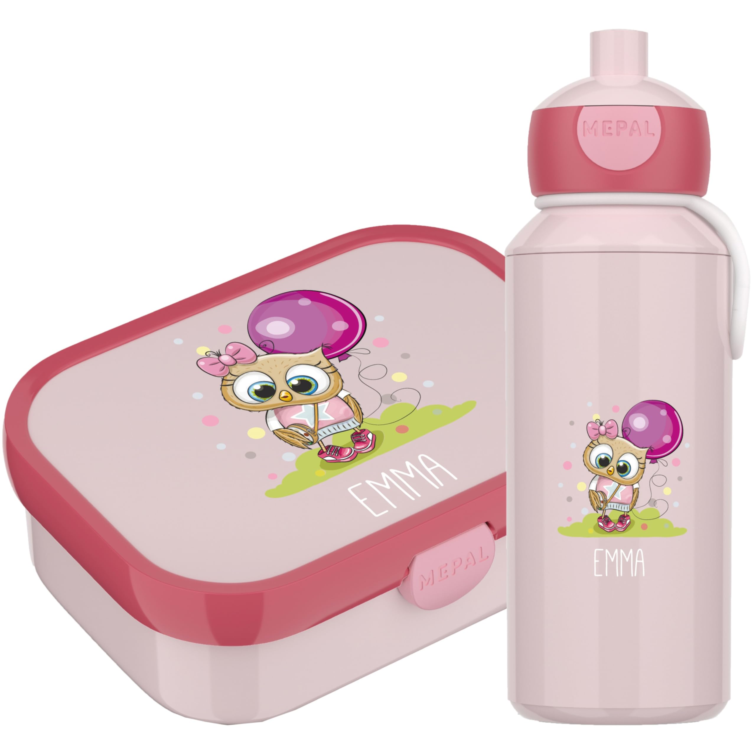 4ou Design Mepal Set Brotdose & Trinkflasche personalisiert mit Namen – Eule Bunt – Auslaufsicher, Bento Einsatz rausnehmbar, inkl. Snackgabel – BPA frei – Geschenk für Kinder (Cool Pink)