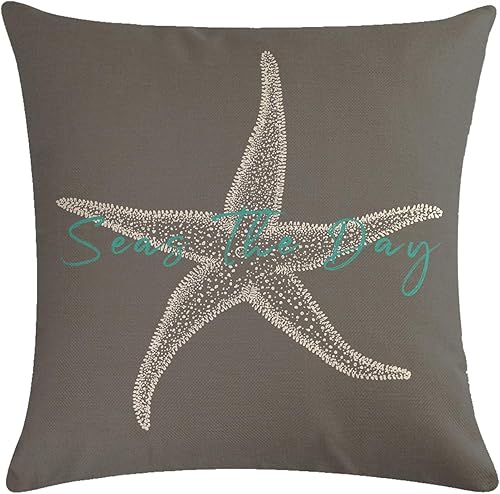 Miniatura 9 de 7COLORROOM Juego de 2 fundas de almohada con diseño de mar y estrellas de mar sobre fondo naranja, fundas de cojín decorativas para el hogar con