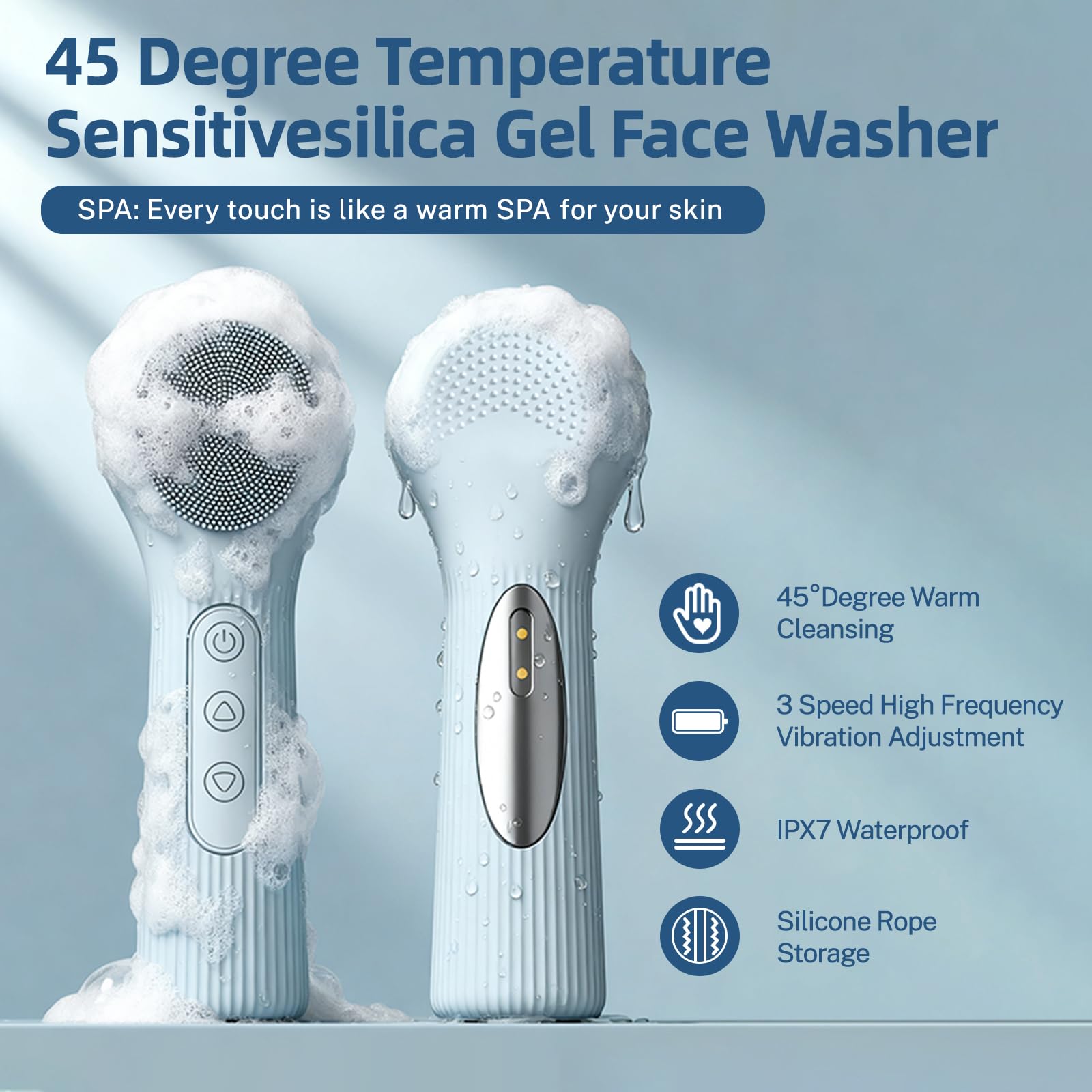 Elektrische Silikon Gesichtsreinigungsbürste, 3 Modi & 45℃ Thermoheizung, IPX7 Wasserdicht, Wiederaufladbarer Gesichtsschrubber für Tiefenreinigung, Peeling & Massage, für Frauen & Männer (Blau)