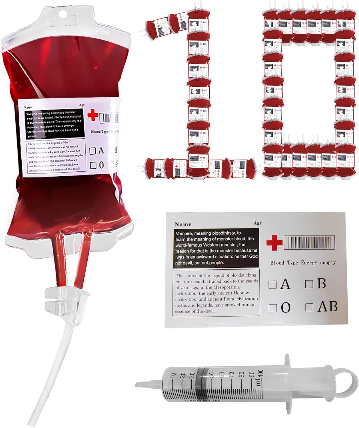 Blood Bags for Halloween Party Drink Favors and Supplies 10 Pack with Fake Blood Type Stickers Extra Syringe and Clips, IV Bags for Drinks for Vampire/Nurse/Hospital Theme Party Props