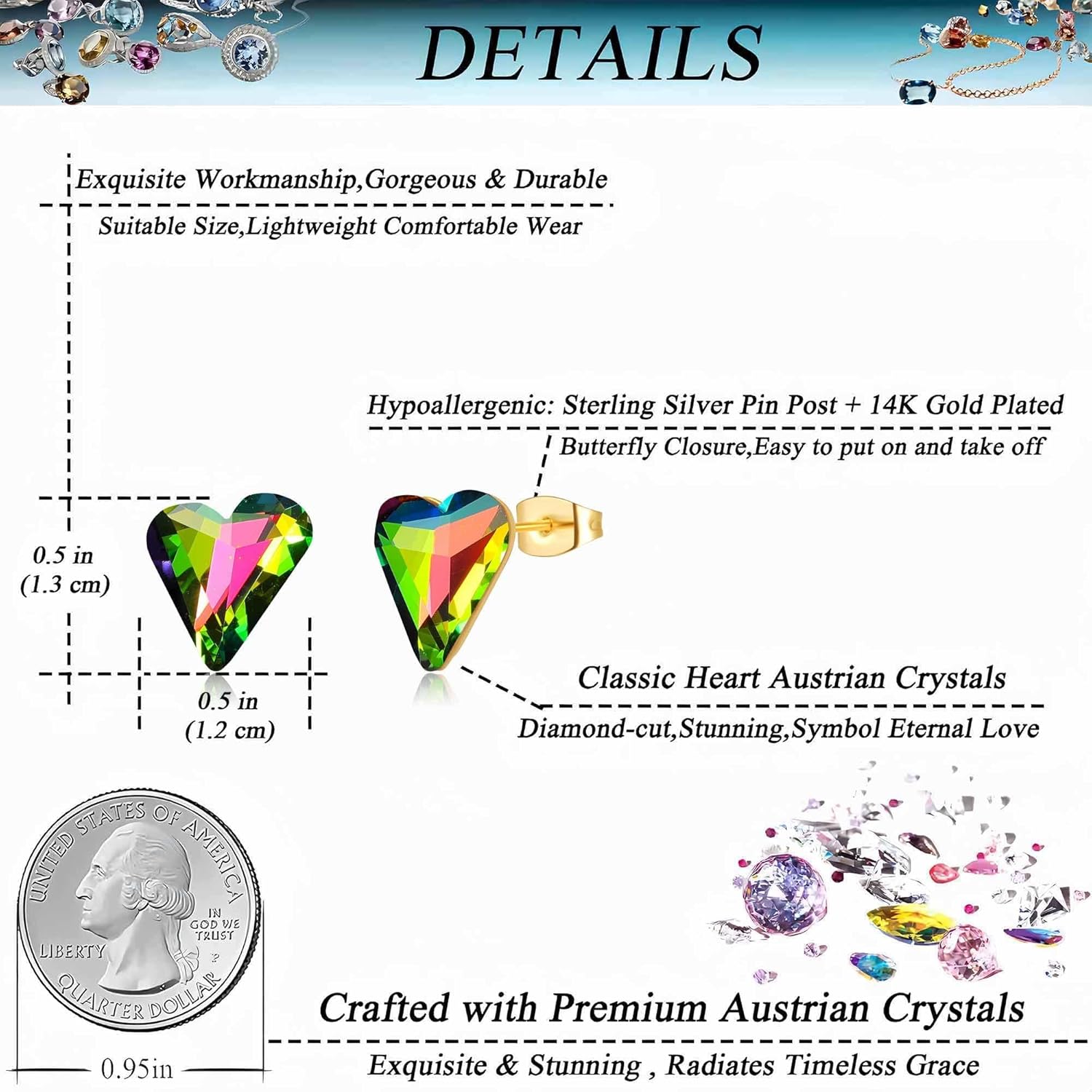 Fashion Austrian Crystal Heart Stud Earrings for Women 14K Gold Plated Hypoallergenic Formal Jewelry Gift - Image 6