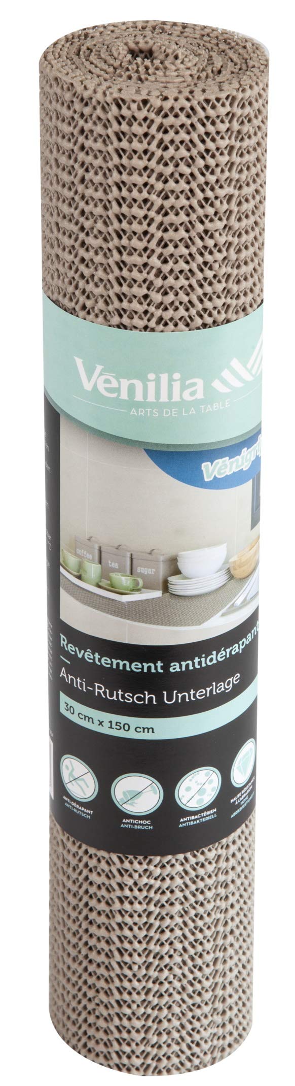Venilia sous-Couche antidérapante Venigrip 30 x 150 cm Taupe, Tapis antiglisse pour étagère et tiroir, Protection Meuble Cuisine et Armoire, découpe Facile, 54167