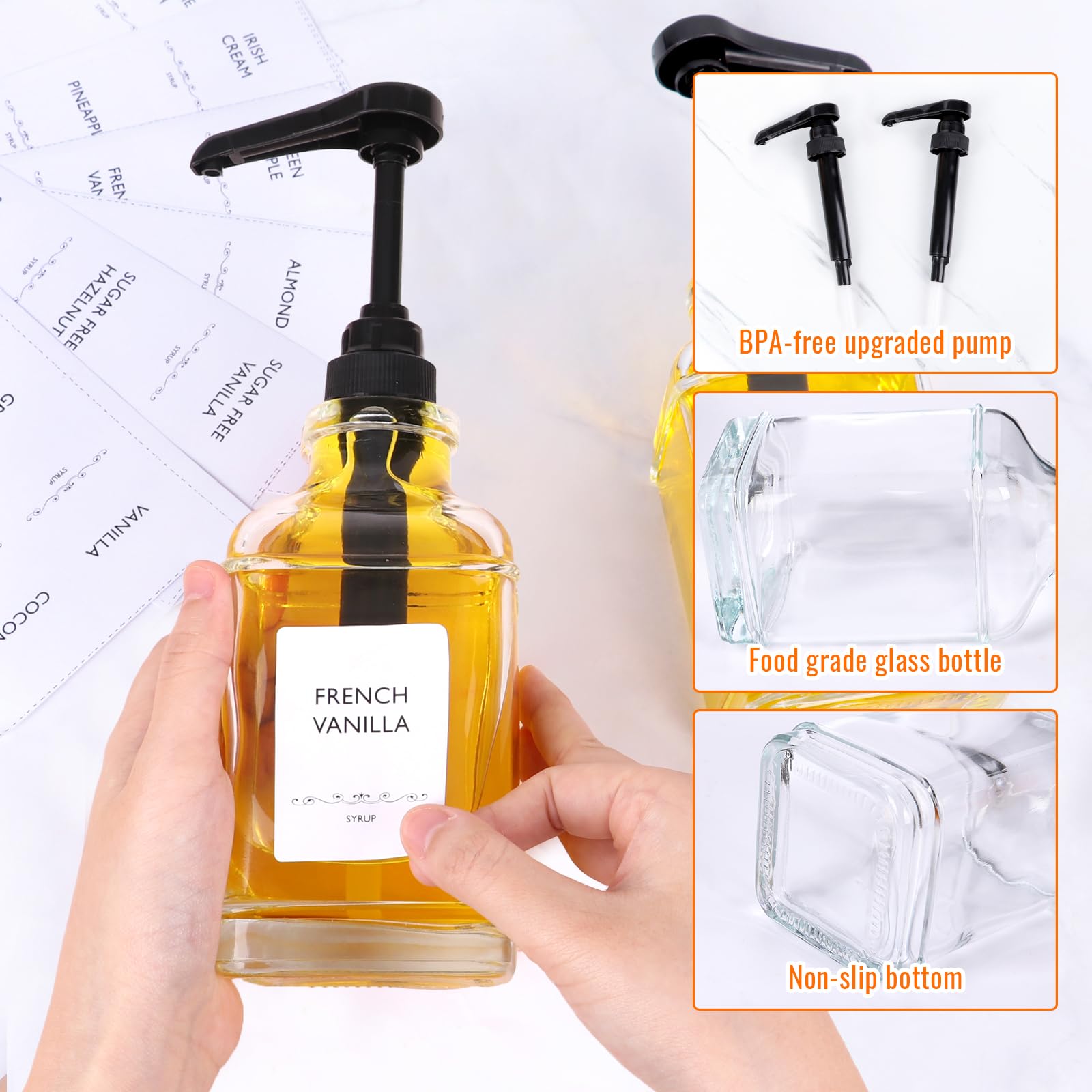 SZUAH 16oz Coffee Syrup Dispensers for Coffee Bar 2Pack, 480ml Glass Syrup Dispensers with Pumps and Stickers for Ketchup,Water and Lotion