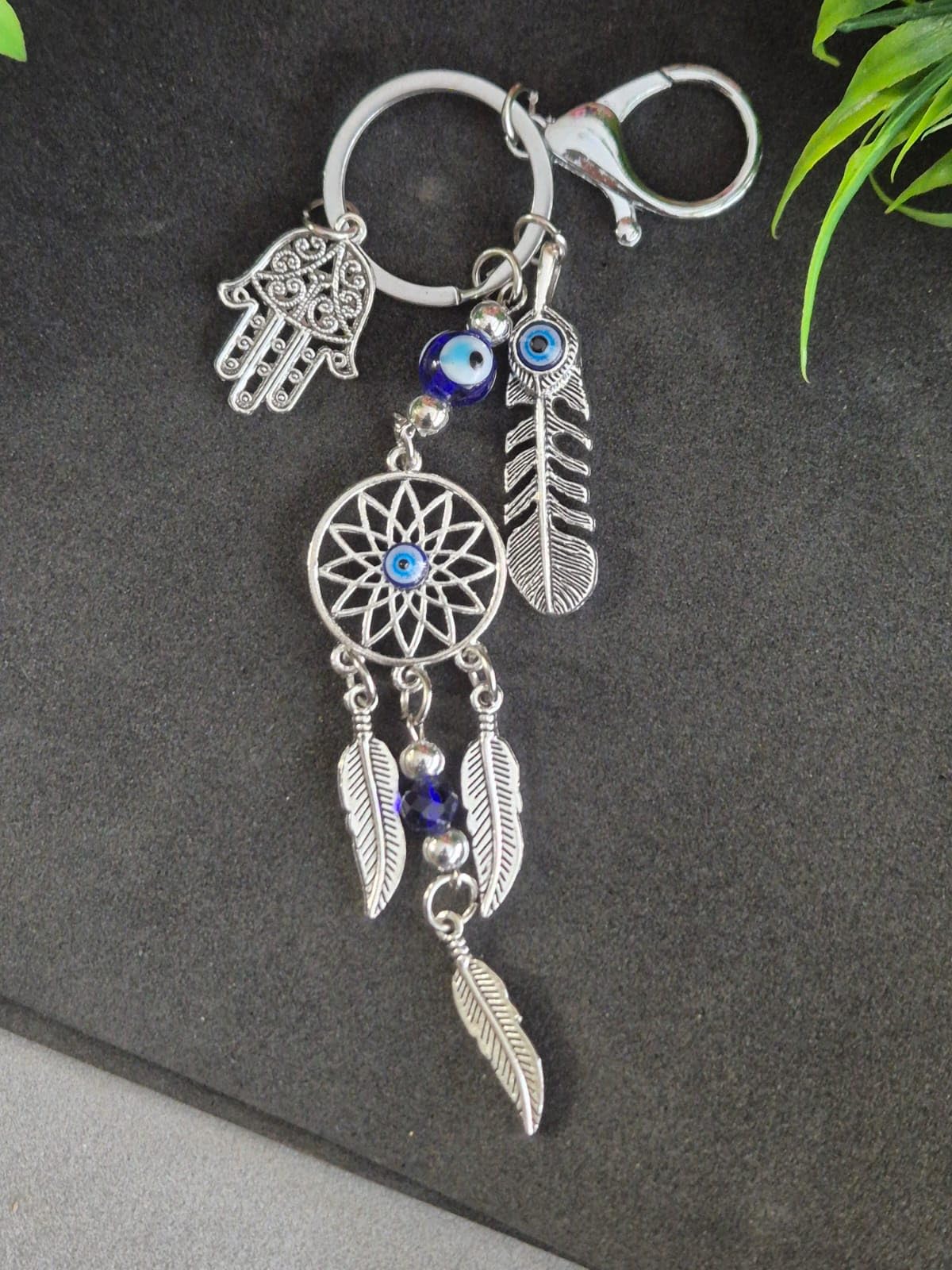 DT DECTONELucky Hamsa Hand Keychain Nazar Battu, Evil Eye Keychain with beautiful desinged leaves in keychain For Car keys and Home keys, Fengshui For Positive Energy