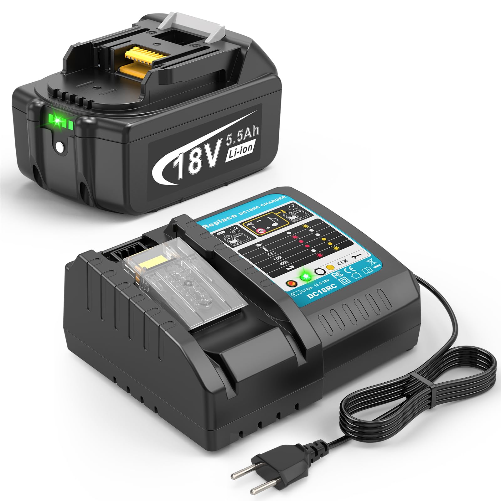 Batería y cargador de 18 V para Makita LXT, ASUNCELL 5,5 Ah, DC18RC, juego de cargador rápido compatible con baterías de iones de litio BL1815 BL1830 BL1850 BL1430