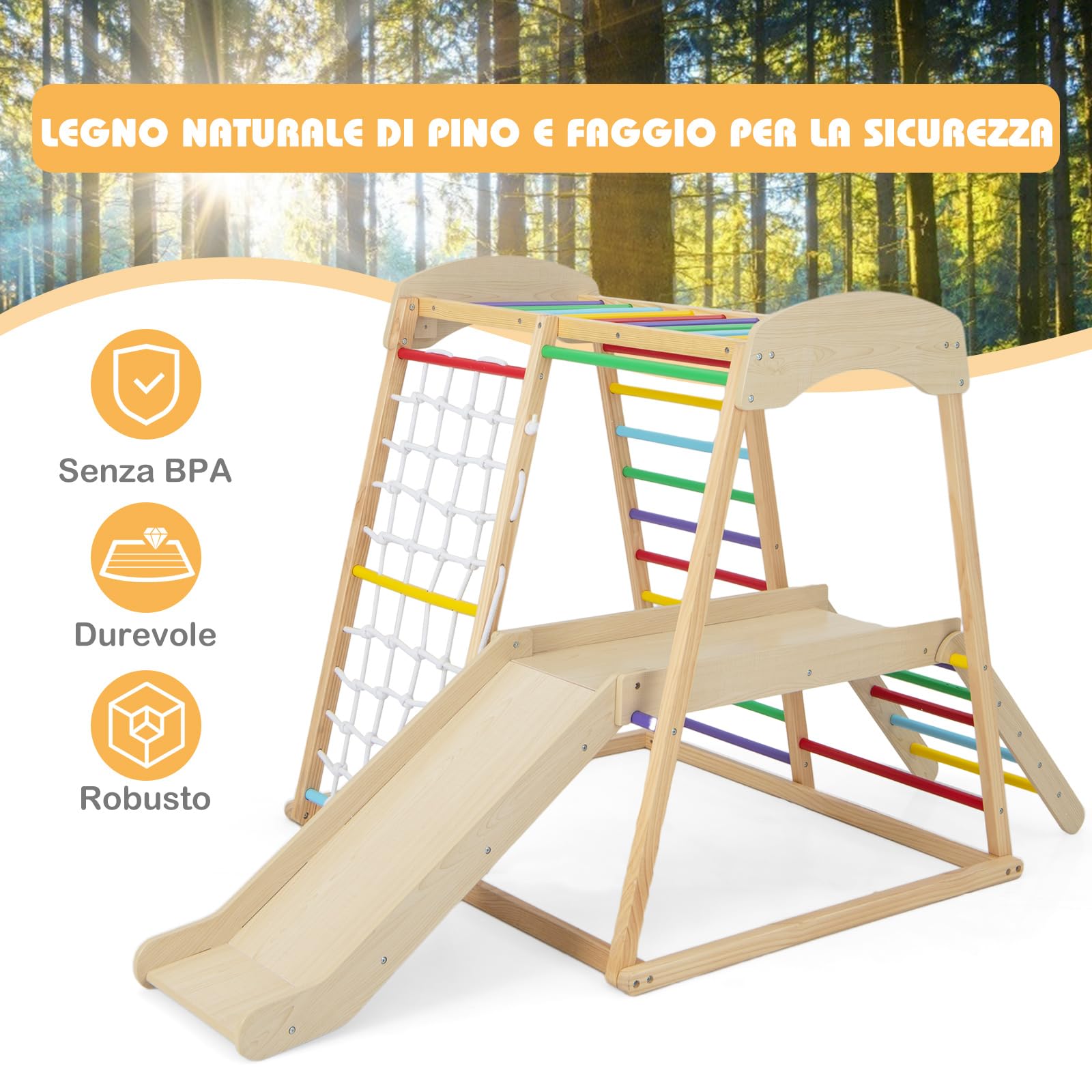 COSTWAY 6 in 1 Set Arrampicata per Bambini, Palestra in Legno con Barre di Scimmia Scivolo Corda e Scale in Legno, Parco Giochi per Bambini 1+ Anni (Colorato)