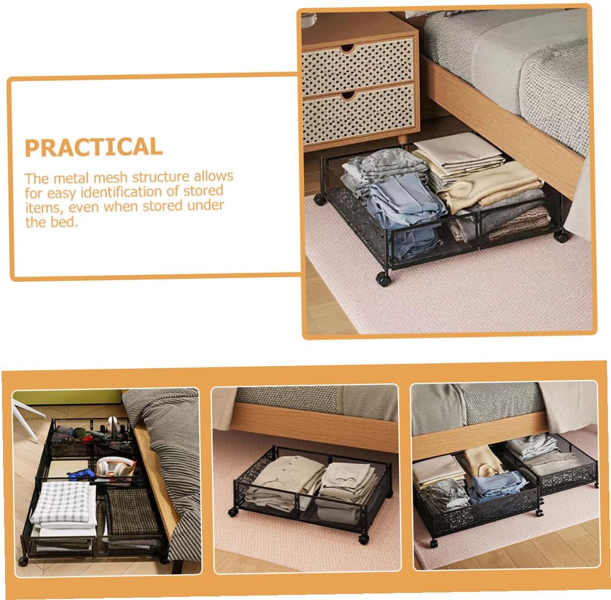 BESPORTBLE Bed Storage Drawers with Wheels, Foldable Black Metal Clothes Organizer Rack, Space-saving Underbed Storage Container for Bedroom and Dorm Use