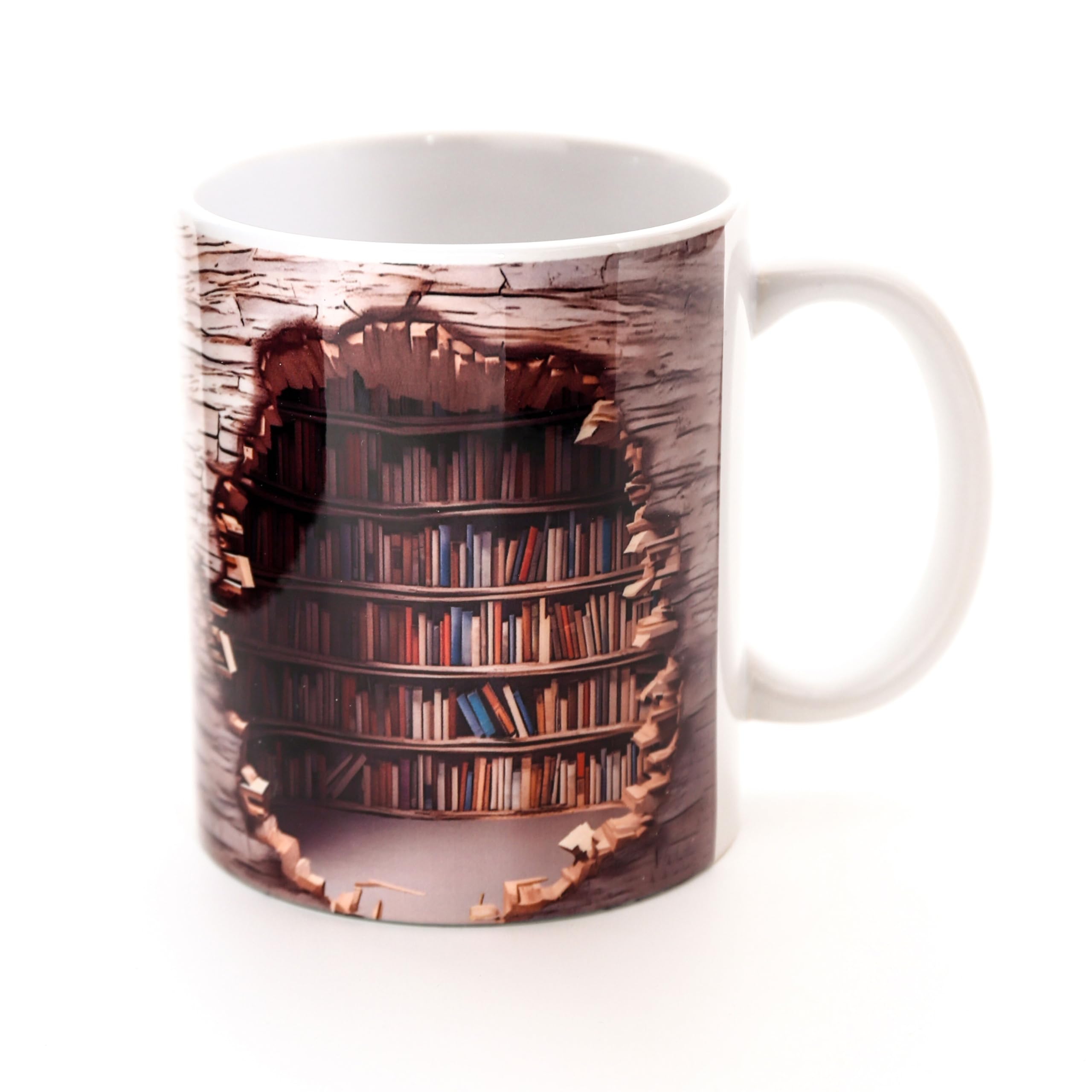 3D Bookshelf Coffee Mug,Book Lovers Coffee Mug,3d bookshelves hole in a wall mug,Creative Space Design Novelty Library Bookshelf Mug (B)
