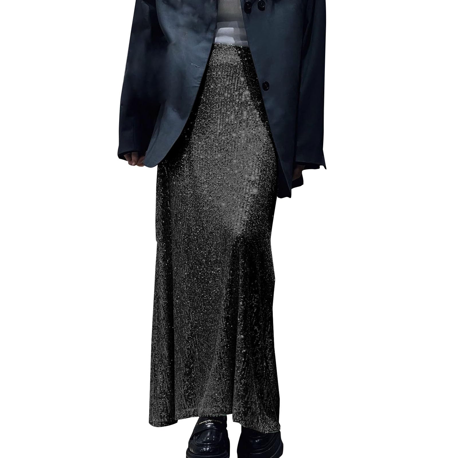 Glitzerrock Gold Damen Maxi, Hohe Taille mit Elastischem Bund Elegante Lang Maxirock Einfarbig Glitzer Pailettenrock Silvester Wickelrock Frauenrock Party Rave Outfit Karneval Rock