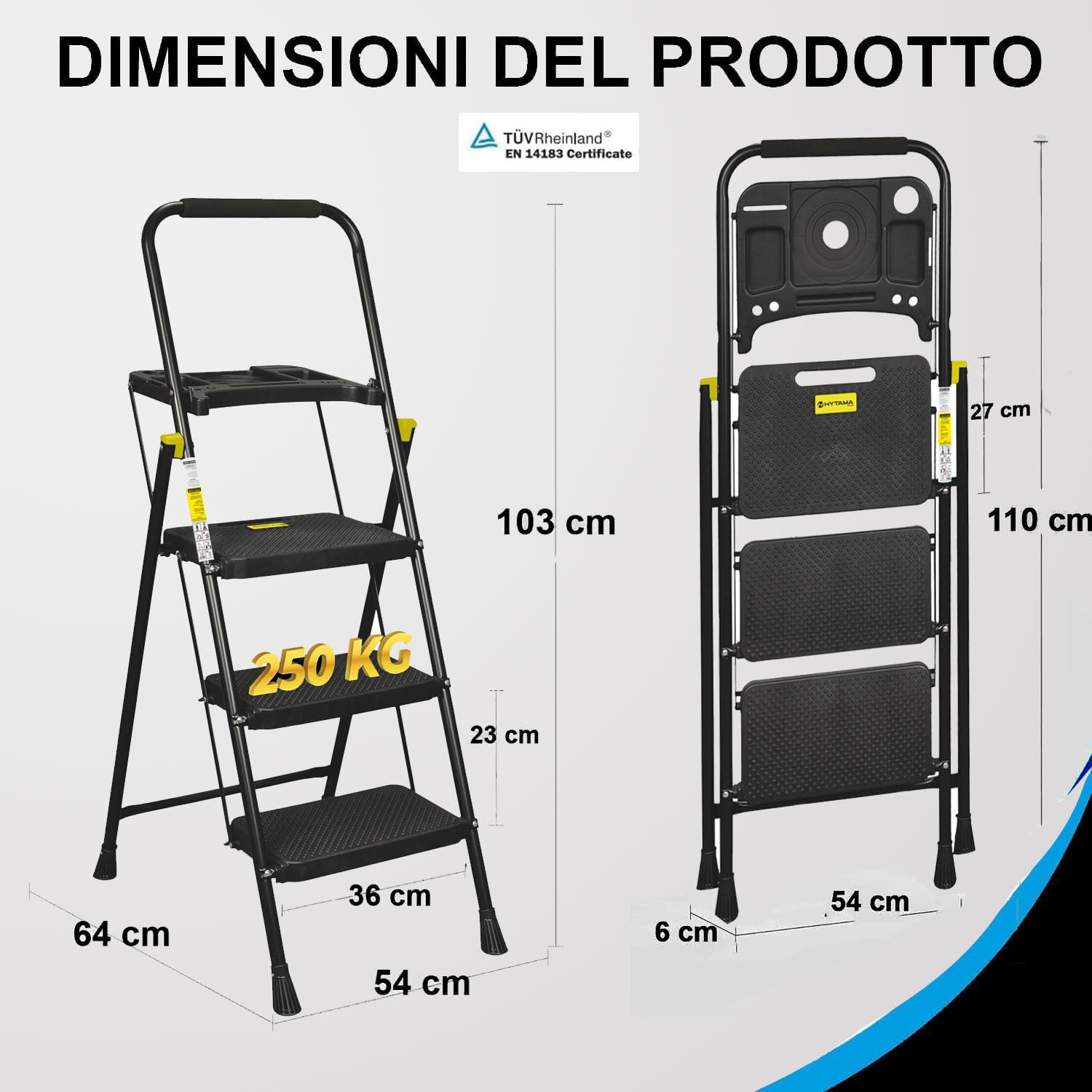 HYTAMA Scala Scaletta Pieghevole 3 Gradini Nero PLUS con Portaoggetti con Piedini Antiscivolo, Struttura in Acciaio, Impugnatura in Spugna, Leggera, Multiuso, Certificata EN14183 testata fino a 250Kg