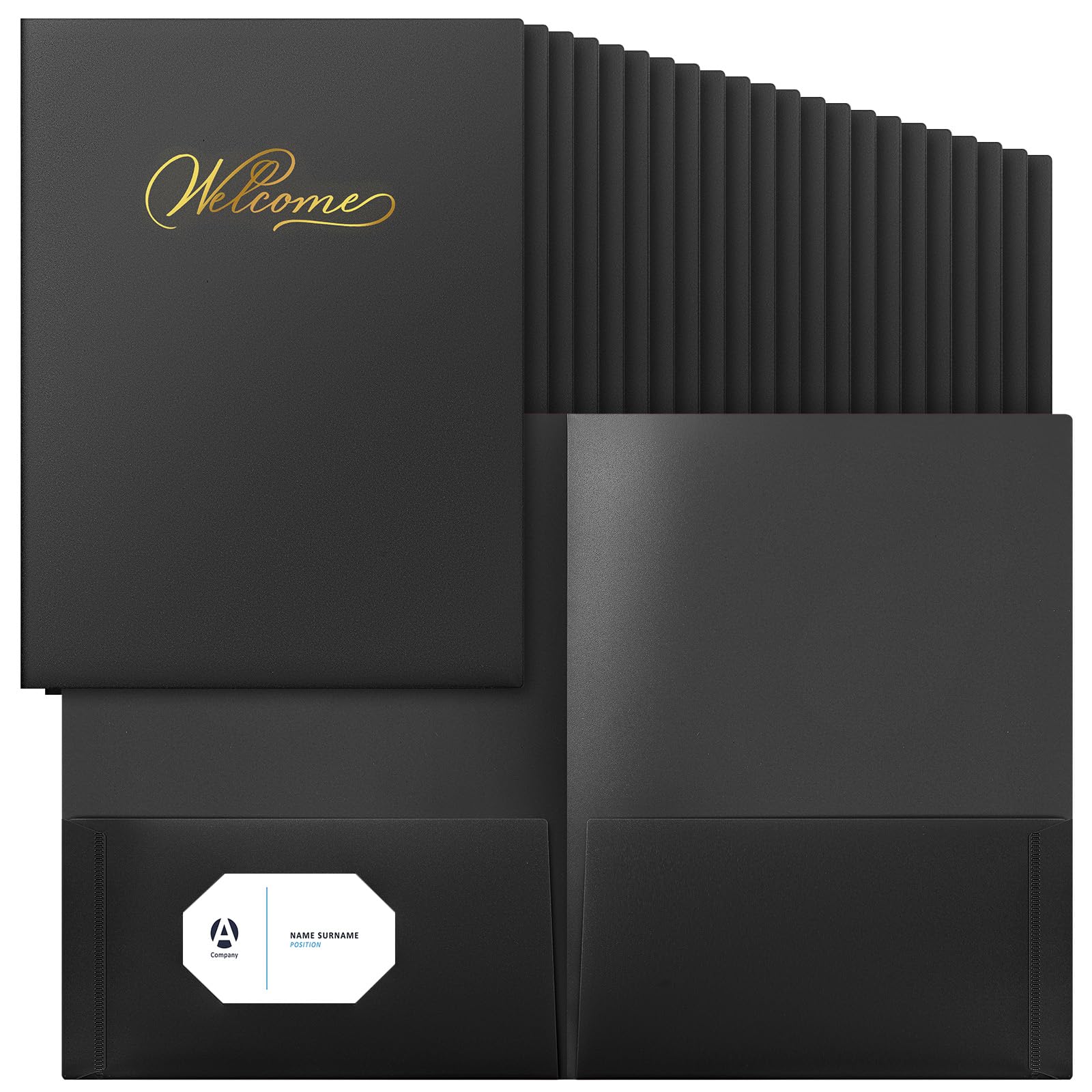 Henoyso 48 Count Welcome Pocket Folders, 9 x 12 Inch Two-Pocket Folder Gold Foil Stamped Welcome Presentation Folders Business Card Insert for Membership, Church, Team, New Hire, Visitors(Black)