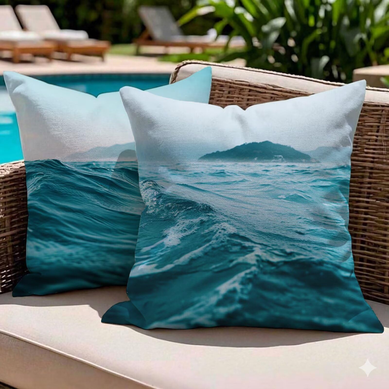 Coussins canapé extérieur imperméables bleu 50x50 lot de 2 housses en lin ocean