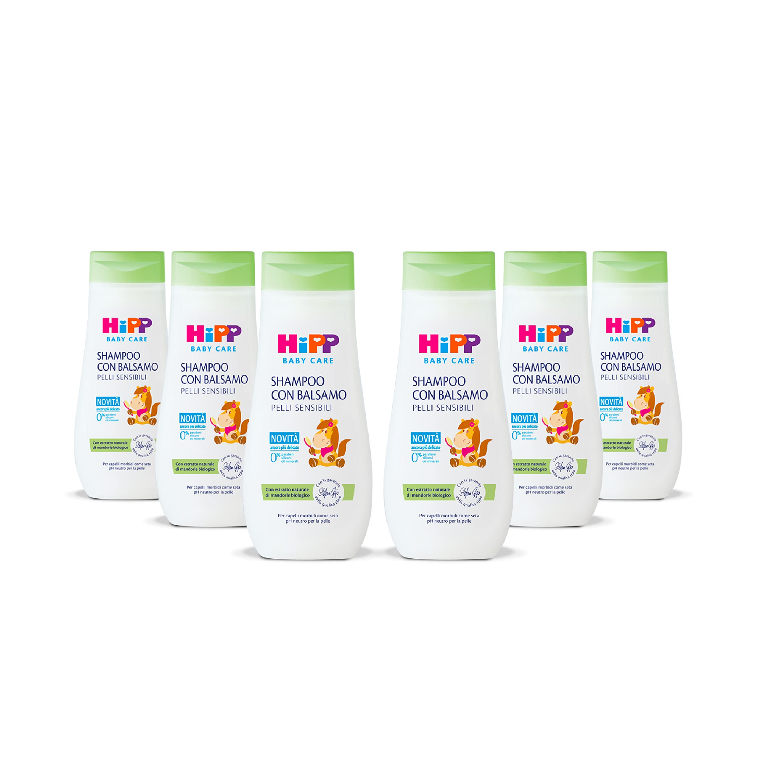 HiPP Baby Care - Shampoo con Balsamo per Bambini, Districa i Capelli e Protegge il Cuoio Capelluto, pH Neutro, per Pelli Sensibili, con Estratto Naturale di Mandorle Bio, 6 Pezzi da 200 ml