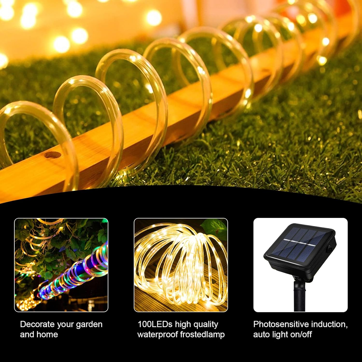 JIMACRO Outdoor Solar LED Rope Lights, IP65 Waterproof Rope Lights 12m/39.4ft 100LEDs Solar Decoration Lights with 8 Lighting Modes, Rope Fairy Light for Garden Tree Party Christmas Decoration