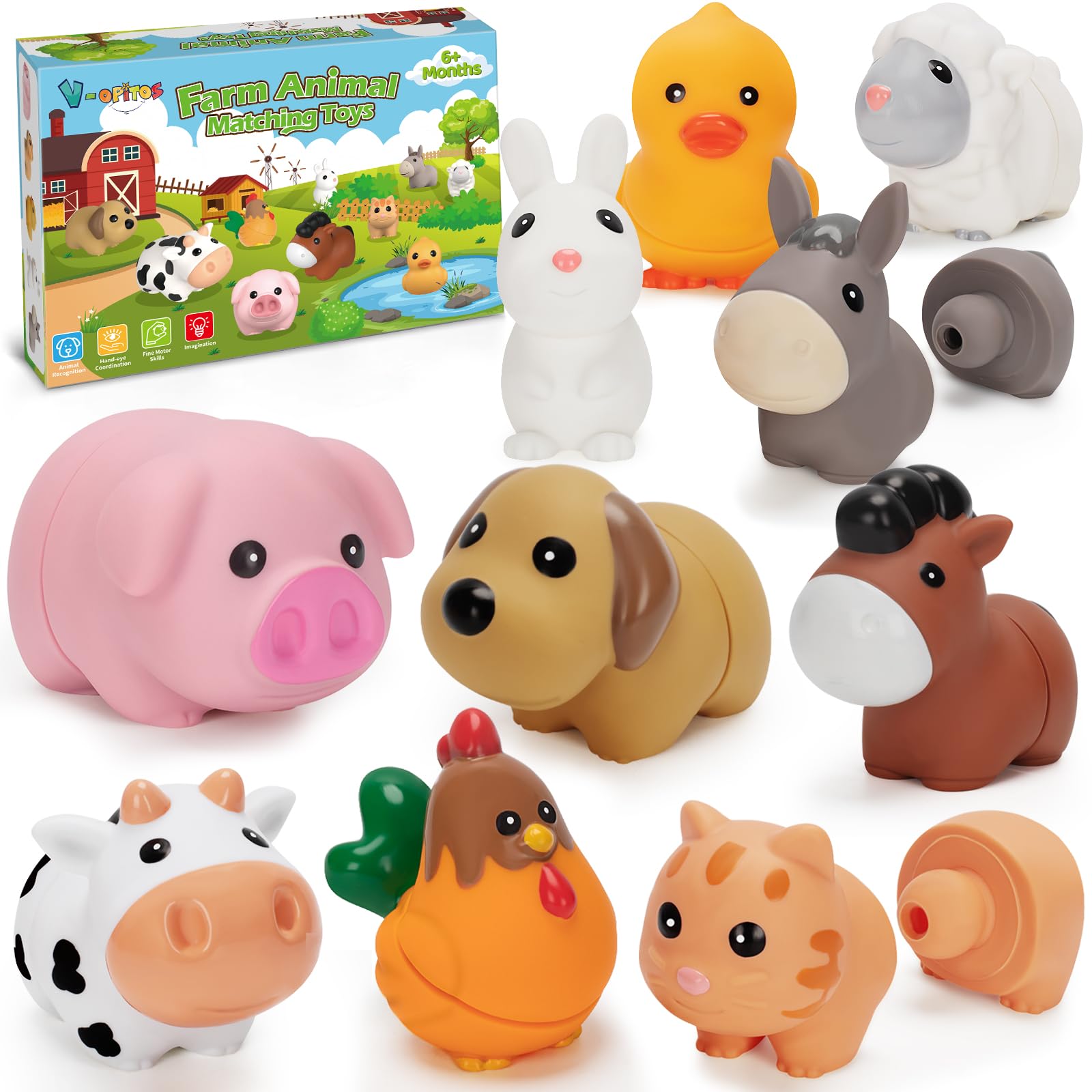 V-Opitos Learning Farm Animal Toys for Kids Age 1, 2, 3 Year Old, 10 Pack Farm Animal Matching Fine Motor Montessori Toys, Christmas, Birthday Gifts for Toddlers Boys & Girls 1-3 Years Old