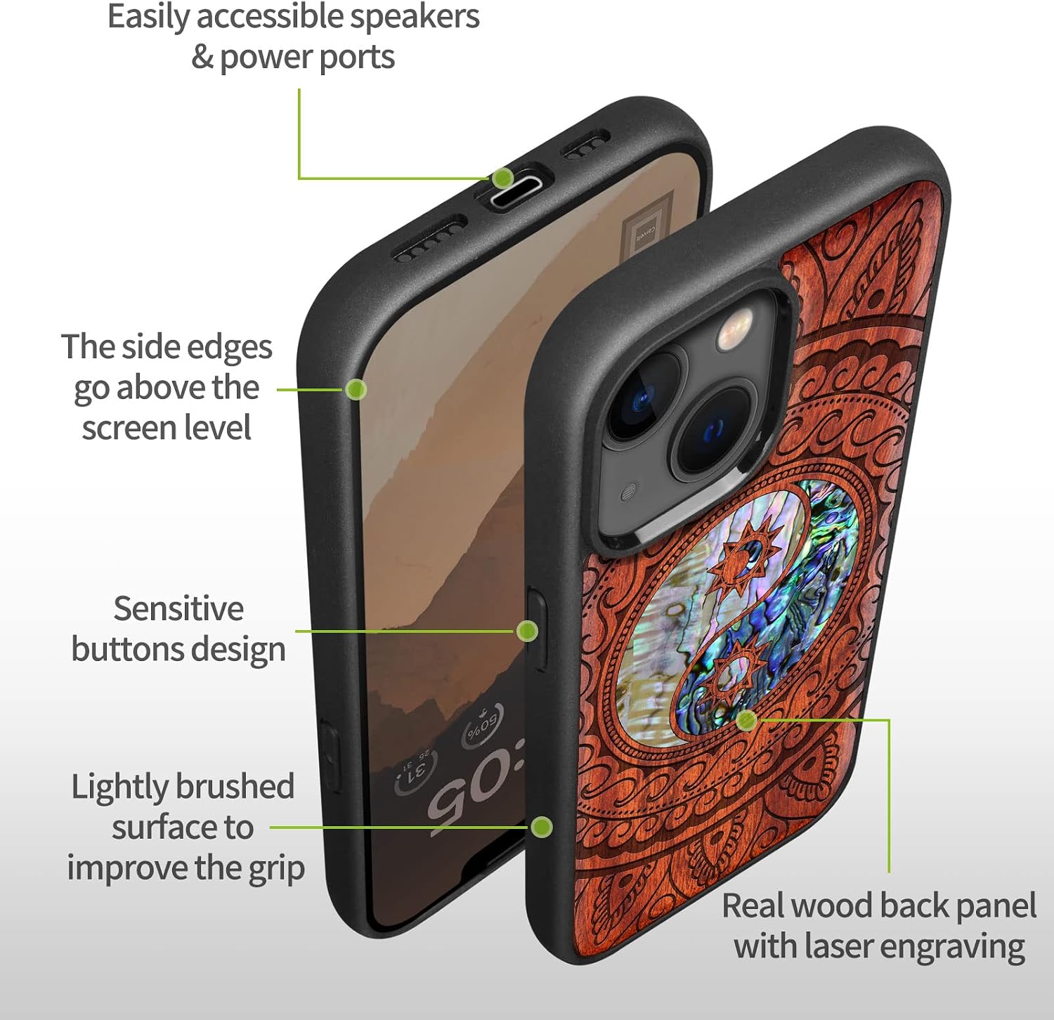 Carveit Designer Wooden Protective Magnetic Case for iPhone 14 Case [Wood Engraving & Shell Inlay] Compatible with iPhone 14 MagSafe (Yin Yang Paisley-Rosy)