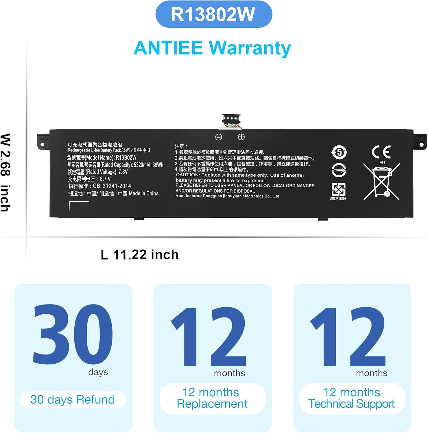 ANTIEE 39Wh R13B01W R13B02W Laptop Batería Compatible with Notebook Air 13.3 2018; Notebook Battery for Mi Laptop Air 13 2018 13.3-Inch Series 7.6V 5320mAh