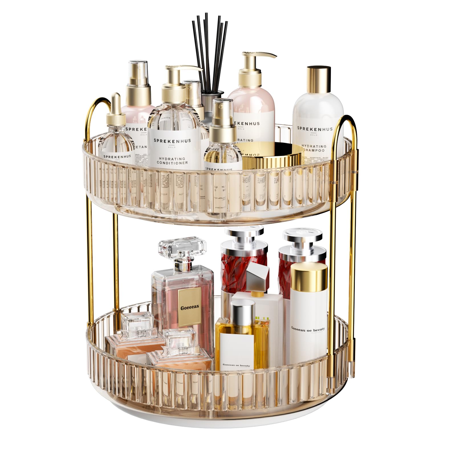 MOACC Make Up Kosmetik Organizer, 360° Drehbar Aufbewahrung, Schmink Organizers für Dresser Schminktisch Skincare Aufbewahrungssystem, 2 Schichten, Bernstein