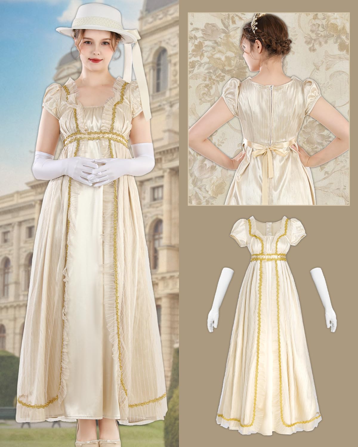 CR ROLECOS Empire - Vestido de mujer dorado con guantes y cinturón, disfraz de Jane Austen, vestido victoriano y rococó (3 piezas)