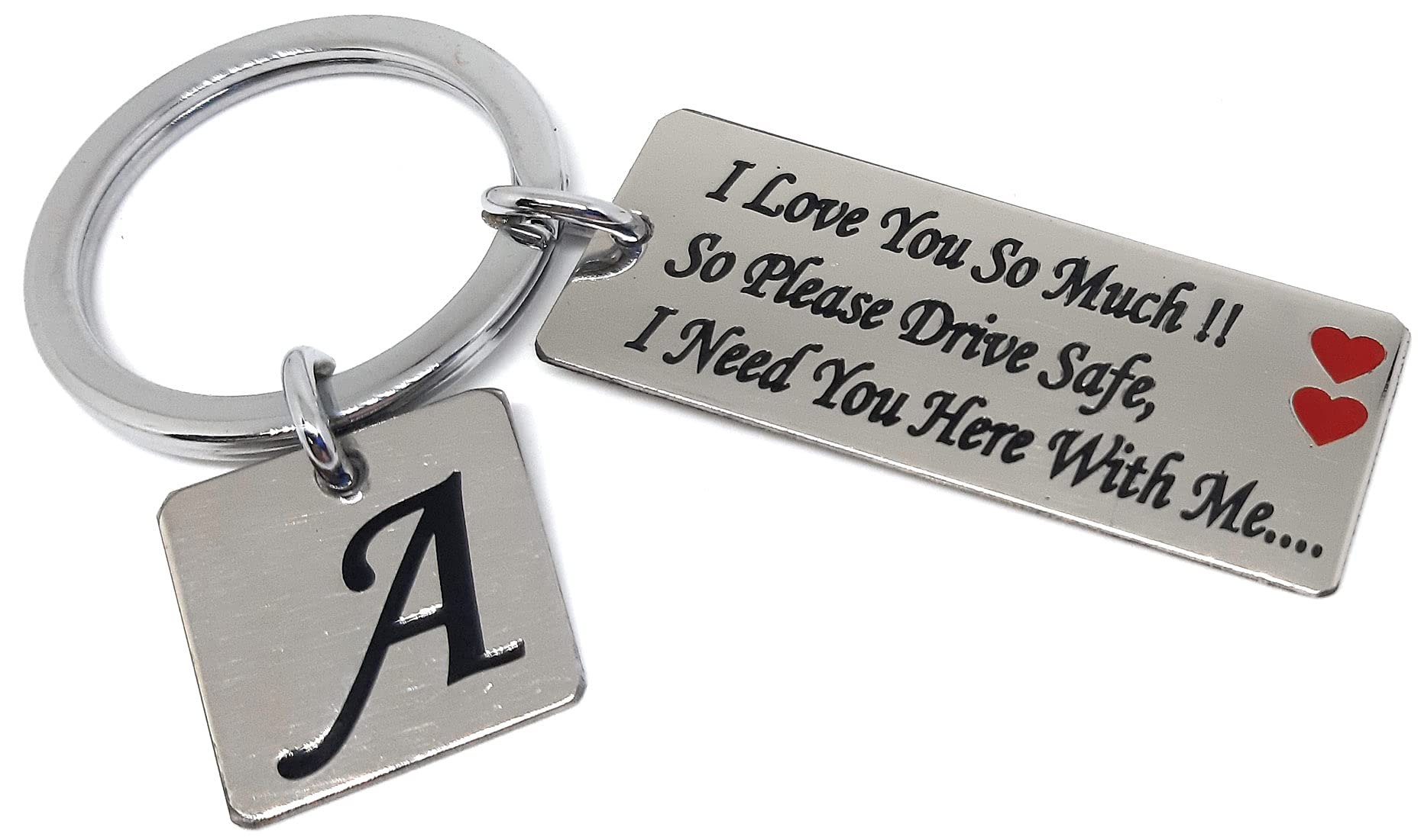 Romantic Drive Safe Gift Keychain for Boyfriend Husband Girls Boys Bike Car Stainless Steel Alphabet A Silver Keychain-image-44