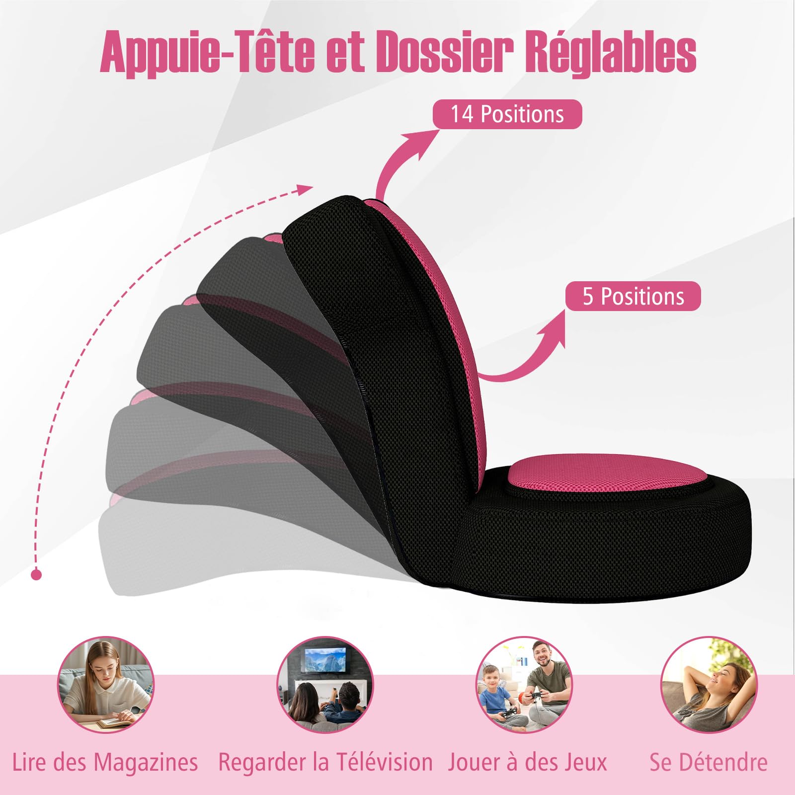 COSTWAY Fauteuil de Sol, Chaise Canapé Paresseuse avec Appuie-tête et Dossier Réglables, Coussin Rembourré, Chaise de Sol Pliable pour Méditation, Lecture, Jeu, Loisirs à Domicile, Chambre (Rose)