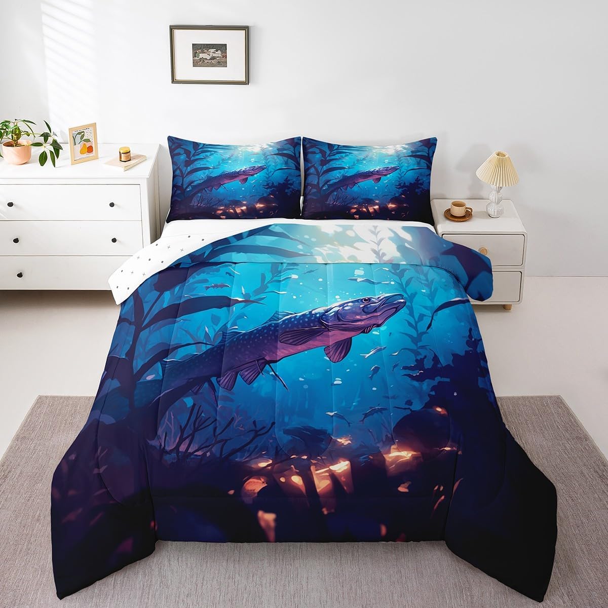 Feelyou Marlin Swordfish Bedding Set Toddle Size Ocean Fish Comforter Set for Adult Kids Boys Teens Ocean Animal Duvet Set Blue Quilt Set 2Pcs