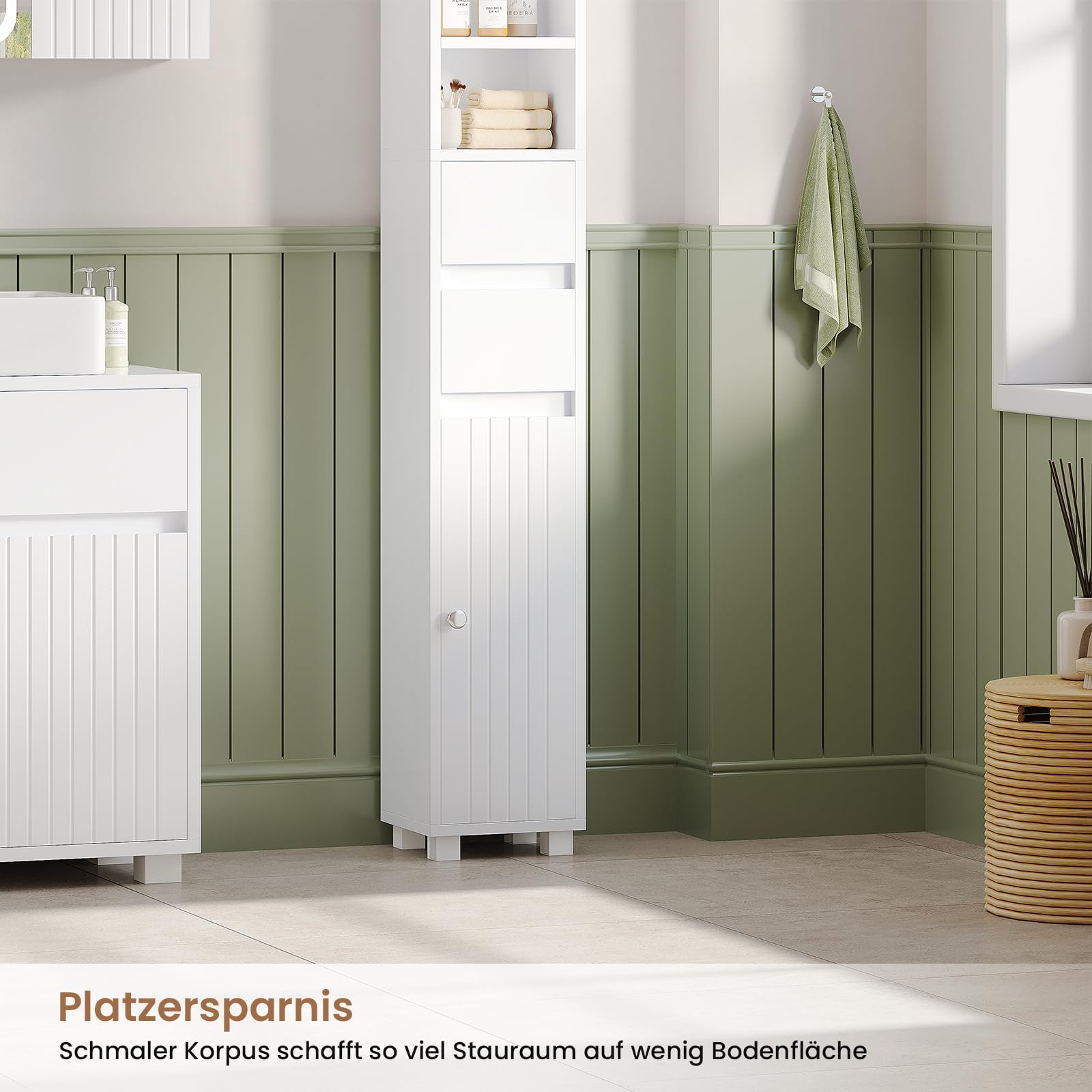 Meuble Colonne de Salle de Bain, Meuble de Rangement avec Étagères Réglables, 2 Tiroirs, Compartiments Ouverts, Armoire Toilette Haute pour Les Petits Espaces, Blanc, 20 x 20 x 180 cm